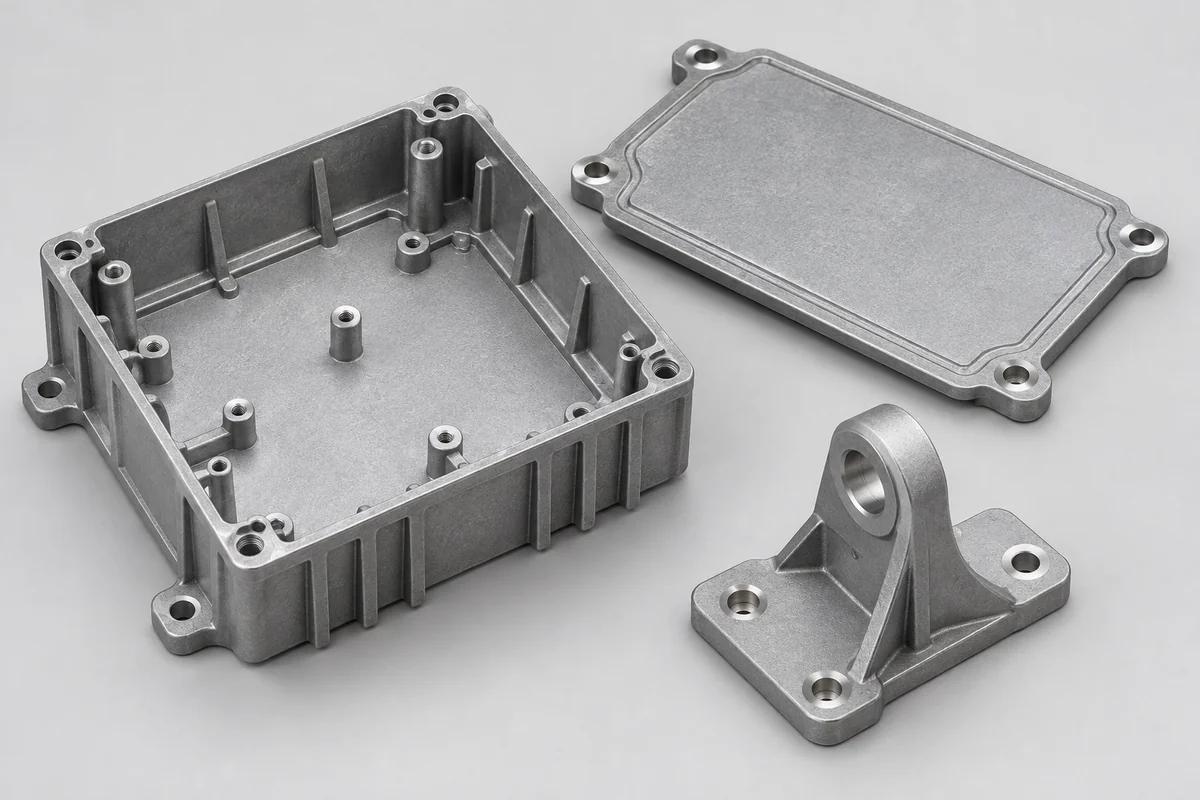 Editorial illustration of zinc die cast housing, lid and mounting bracket