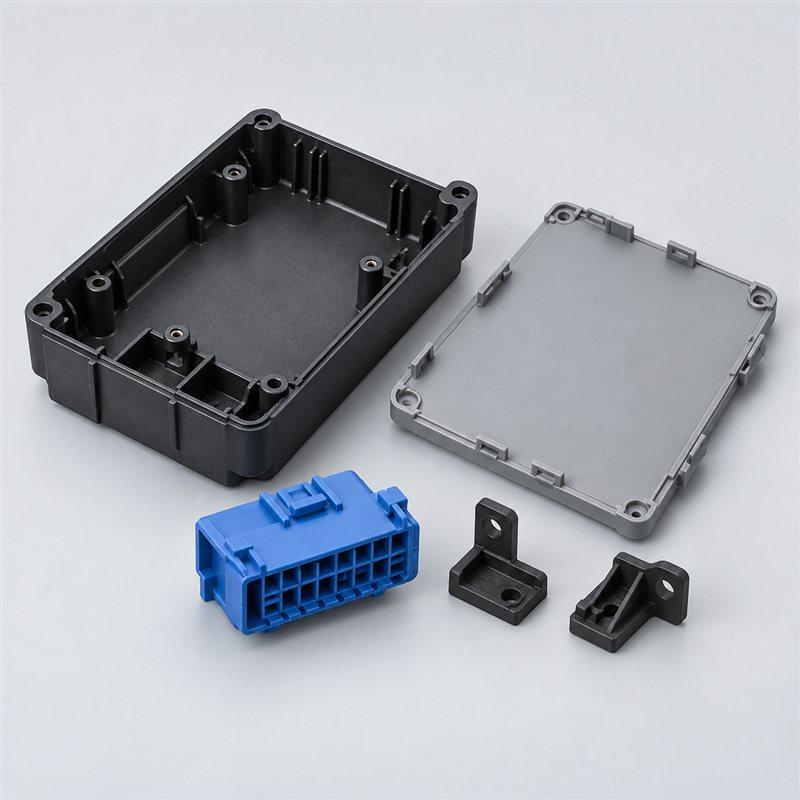 Illustration of injection molded plastic housings and connectors