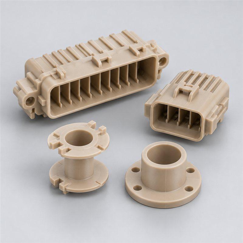Illustration of tan PEEK polymer bushings and connectors