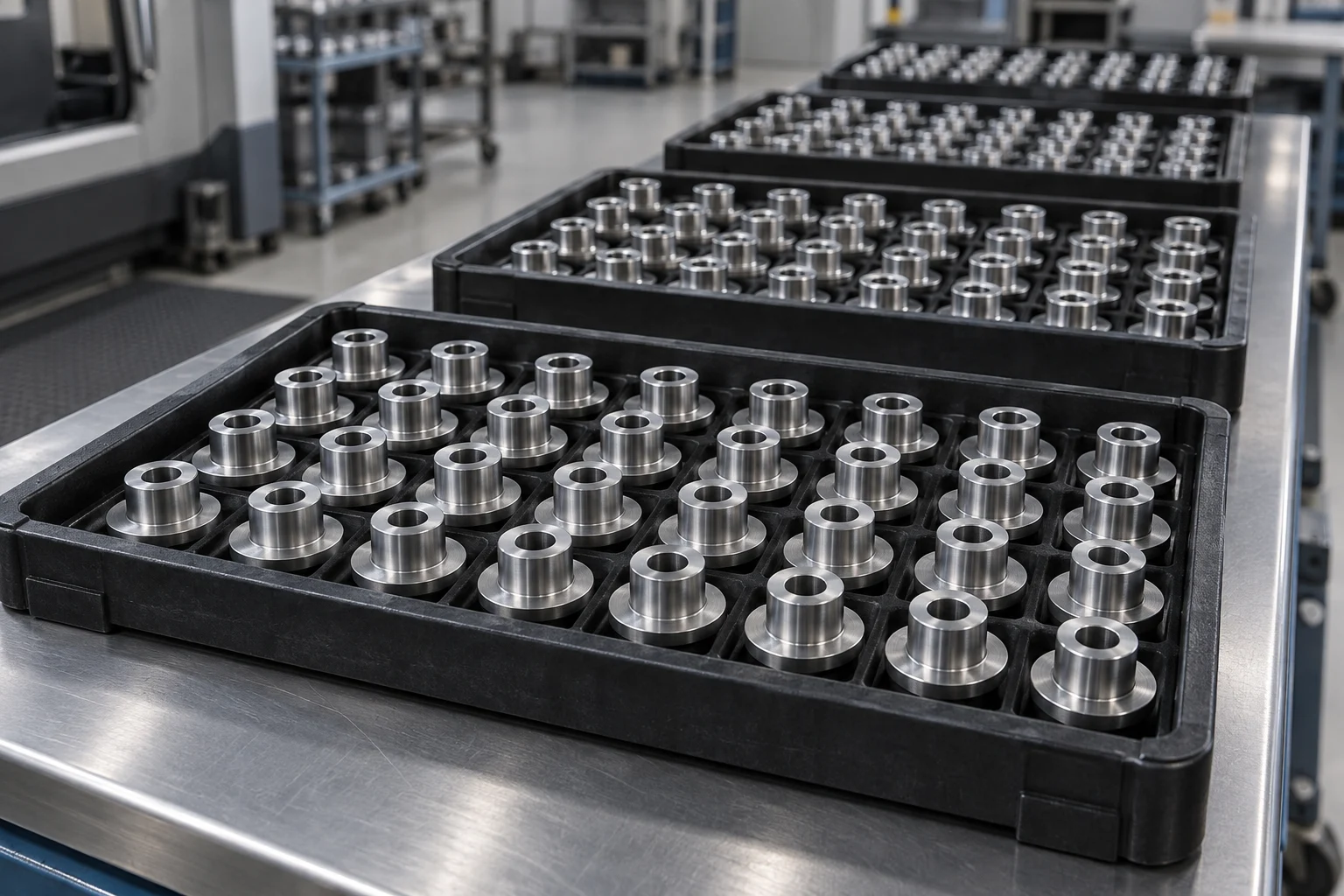 Illustrative repeat-production trays of identical precision turned metal bushings